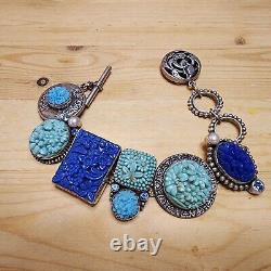 Sterling Silver Mars & Valentine Blue Vintage Pressed Glass Toggle Bracelet