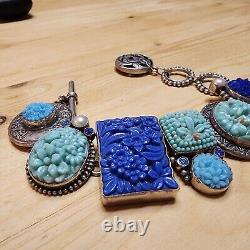 Sterling Silver Mars & Valentine Blue Vintage Pressed Glass Toggle Bracelet