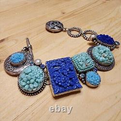 Sterling Silver Mars & Valentine Blue Vintage Pressed Glass Toggle Bracelet