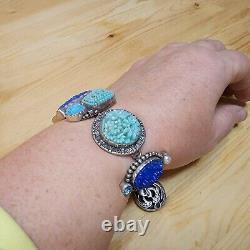 Sterling Silver Mars & Valentine Blue Vintage Pressed Glass Toggle Bracelet