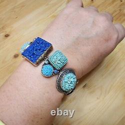 Sterling Silver Mars & Valentine Blue Vintage Pressed Glass Toggle Bracelet