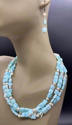 Sterling Silver Milk Blue Stone Or Art Glass Pearl Necklace Drop Earrings Set
