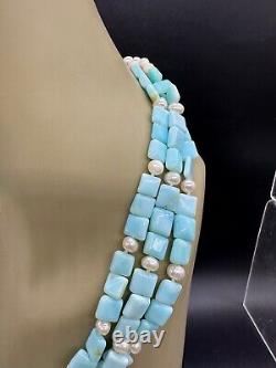 Sterling Silver Milk Blue Stone Or Art Glass Pearl Necklace Drop Earrings Set