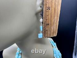 Sterling Silver Milk Blue Stone Or Art Glass Pearl Necklace Drop Earrings Set