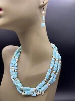 Sterling Silver Milk Blue Stone Or Art Glass Pearl Necklace Drop Earrings Set