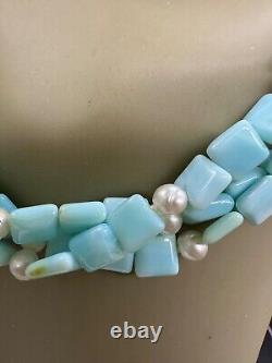 Sterling Silver Milk Blue Stone Or Art Glass Pearl Necklace Drop Earrings Set