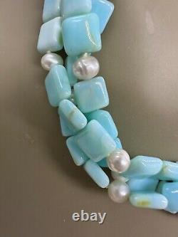 Sterling Silver Milk Blue Stone Or Art Glass Pearl Necklace Drop Earrings Set