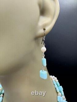 Sterling Silver Milk Blue Stone Or Art Glass Pearl Necklace Drop Earrings Set