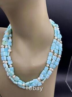 Sterling Silver Milk Blue Stone Or Art Glass Pearl Necklace Drop Earrings Set