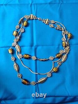 Sterling Silver Multi Strand Bar Link Necklace Art Glass Hammered 85g Read