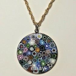 Sterling Silver Murano Glass Color Splash Millefiori Large Pendant Necklace. 925