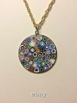 Sterling Silver Murano Glass Color Splash Millefiori Large Pendant Necklace. 925