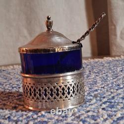Sterling Silver Mustard Pot with Blue Glass Liner and Spoon