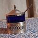 Sterling Silver Mustard Pot With Blue Glass Liner And Spoon