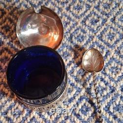 Sterling Silver Mustard Pot with Blue Glass Liner and Spoon