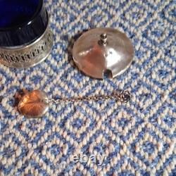 Sterling Silver Mustard Pot with Blue Glass Liner and Spoon