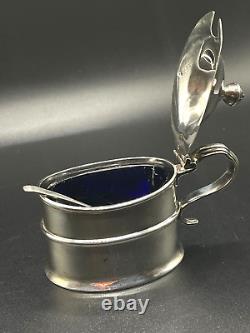 Sterling Silver Mustard Pot with Cobalt Blue Glass Liner & Matching Spoon