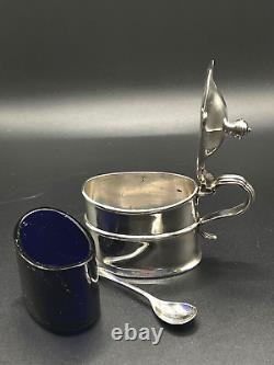 Sterling Silver Mustard Pot with Cobalt Blue Glass Liner & Matching Spoon