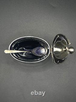 Sterling Silver Mustard Pot with Cobalt Blue Glass Liner & Matching Spoon