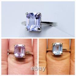 Sterling Silver Neodymium Glass Ring Emerald Cut Solitaire Alexandrite Glass