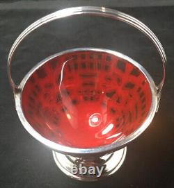 Sterling Silver Overlay Cranberry / Ruby Glass Handled Candy Basket