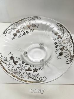 Sterling Silver Overlay Glass Bowl 925 scroll floral 12 X 5 3 feet Vintage