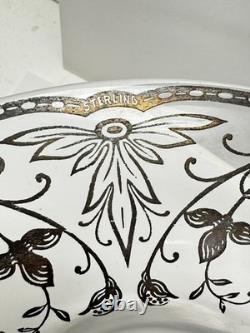 Sterling Silver Overlay Glass Bowl 925 scroll floral 12 X 5 3 feet Vintage