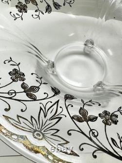 Sterling Silver Overlay Glass Bowl 925 scroll floral 12 X 5 3 feet Vintage