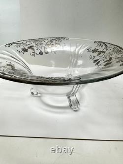 Sterling Silver Overlay Glass Bowl 925 scroll floral 12 X 5 3 feet Vintage
