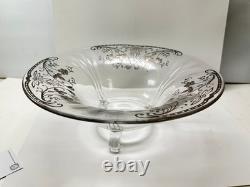 Sterling Silver Overlay Glass Bowl 925 scroll floral 12 X 5 3 feet Vintage