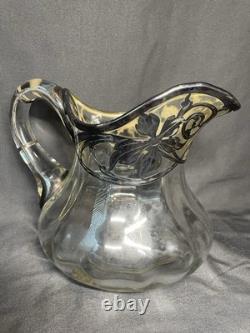 Sterling Silver Overlay Glass Pitcher with Sugar Bowl & Creamer Pitcher