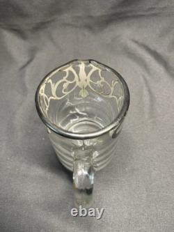 Sterling Silver Overlay Glass Pitcher with Sugar Bowl & Creamer Pitcher
