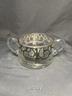 Sterling Silver Overlay Glass Pitcher with Sugar Bowl & Creamer Pitcher