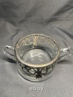 Sterling Silver Overlay Glass Pitcher with Sugar Bowl & Creamer Pitcher