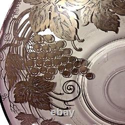 Sterling Silver Overlay Glass Plater, Grape & Leaves On The Glass 14 1/2