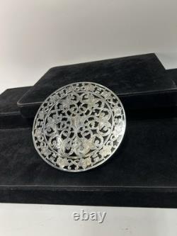 Sterling Silver Overlay Glass Trivet Ornate Floral Design, Engraved Initial