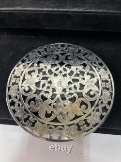 Sterling Silver Overlay Glass Trivet Ornate Floral Design, Engraved Initial