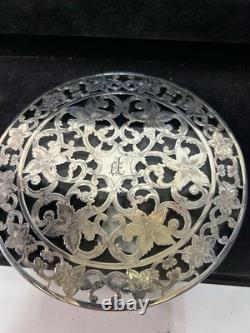 Sterling Silver Overlay Glass Trivet Ornate Floral Design, Engraved Initial