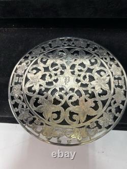 Sterling Silver Overlay Glass Trivet Ornate Floral Design, Engraved Initial