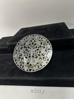 Sterling Silver Overlay Glass Trivet Ornate Floral Design, Engraved Initial