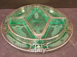 Sterling Silver Overlay Intaglio Cut Vaseline Uranium Glass Relish Platter Tray