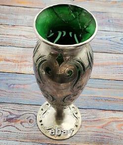 Sterling Silver Overlay Vase with green glass