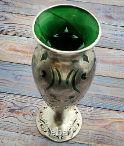 Sterling Silver Overlay Vase with green glass