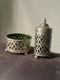 Sterling Silver Pierced Condiment Set Rare Emerald Green Glass