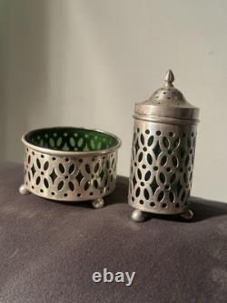 Sterling Silver Pierced Condiment Set Rare Emerald Green Glass