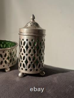 Sterling Silver Pierced Condiment Set Rare Emerald Green Glass