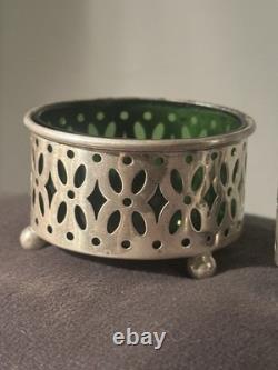 Sterling Silver Pierced Condiment Set Rare Emerald Green Glass