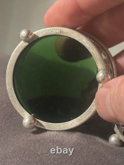 Sterling Silver Pierced Condiment Set Rare Emerald Green Glass