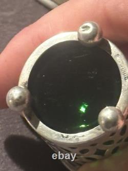 Sterling Silver Pierced Condiment Set Rare Emerald Green Glass