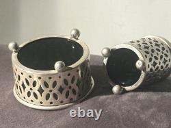 Sterling Silver Pierced Condiment Set Rare Emerald Green Glass